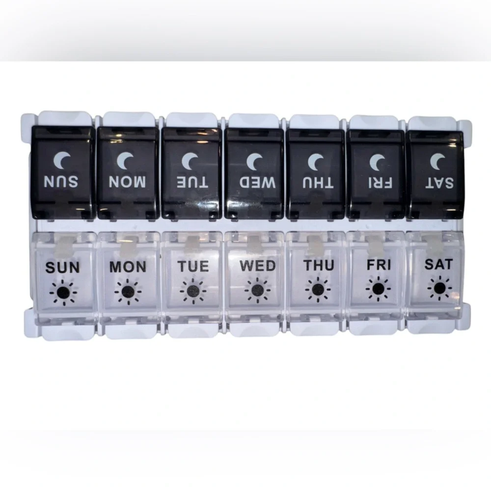 Weekly Pill Organizer with Black and White Compartments